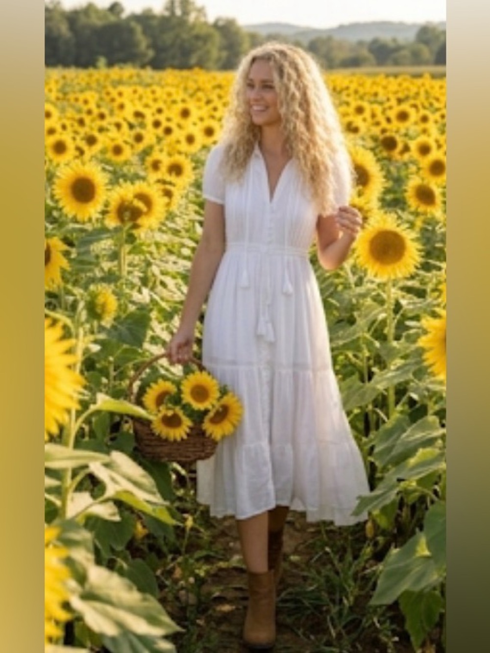 Elan White Tiered Boho Midi Dress with Tassel Tie, Size Medium NWOT